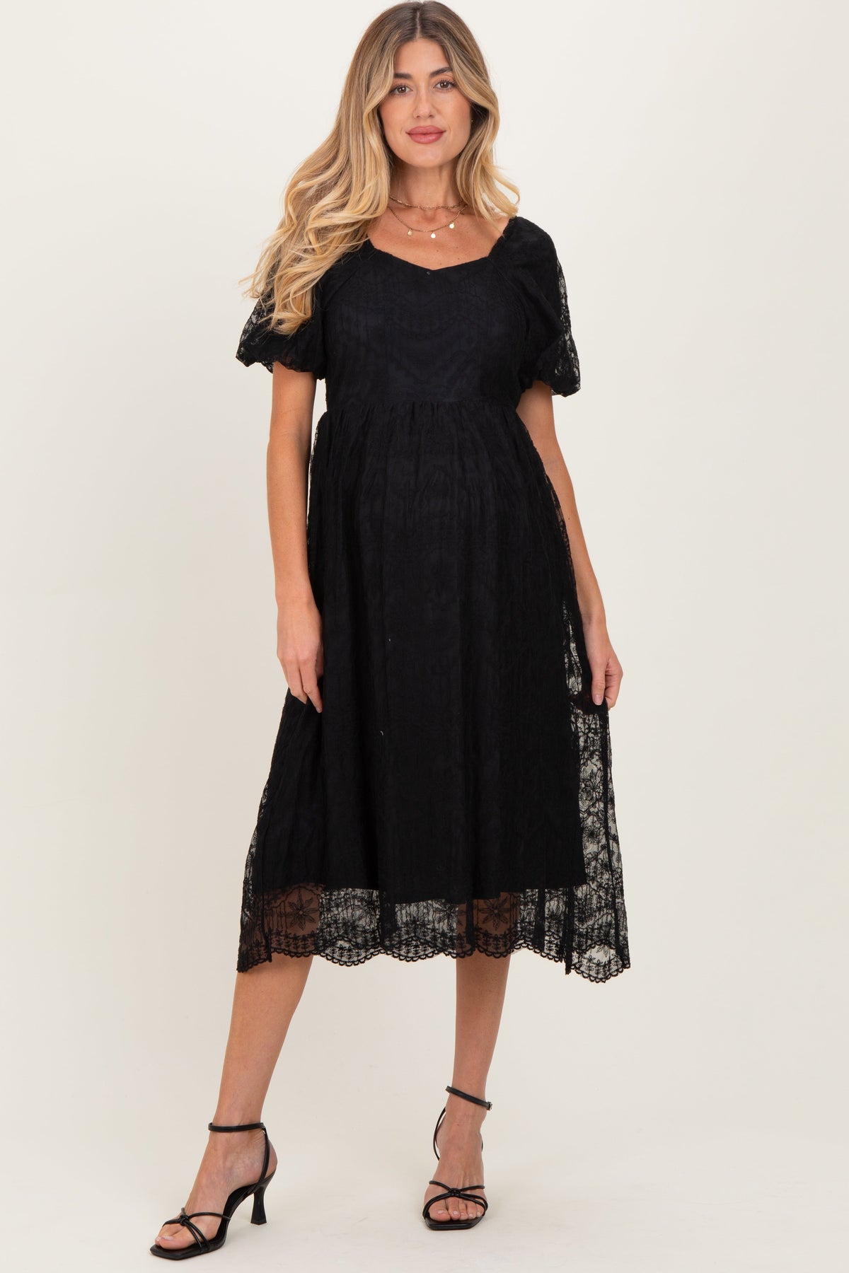 Black Lace Sweetheart Neck Short Sleeve Maternity Midi Dress