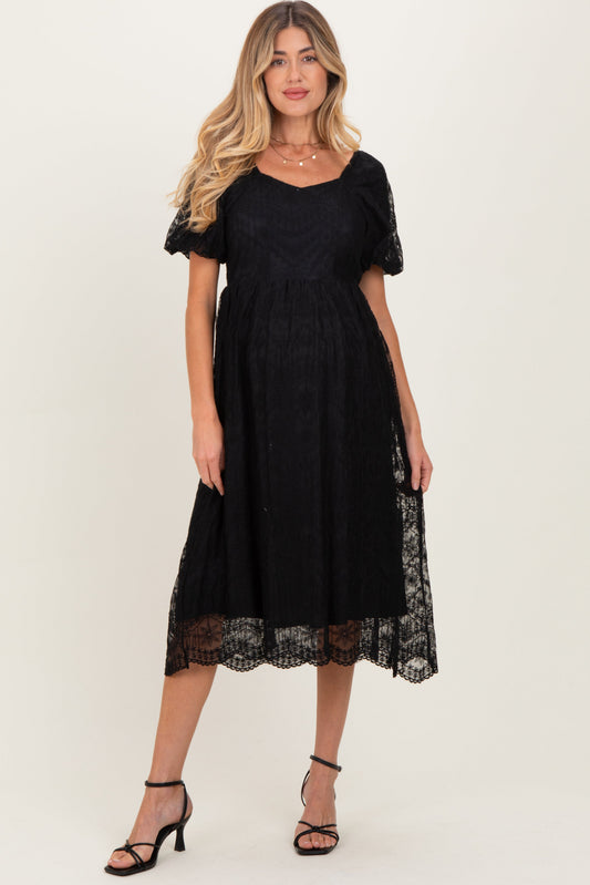 Black Lace Sweetheart Neck Short Sleeve Maternity Midi Dress