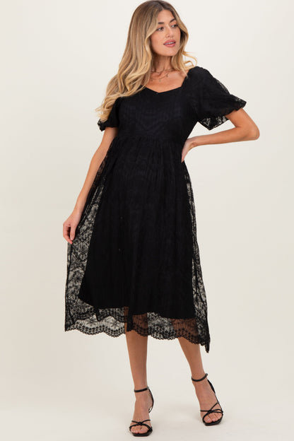 Black Lace Sweetheart Neck Short Sleeve Maternity Midi Dress