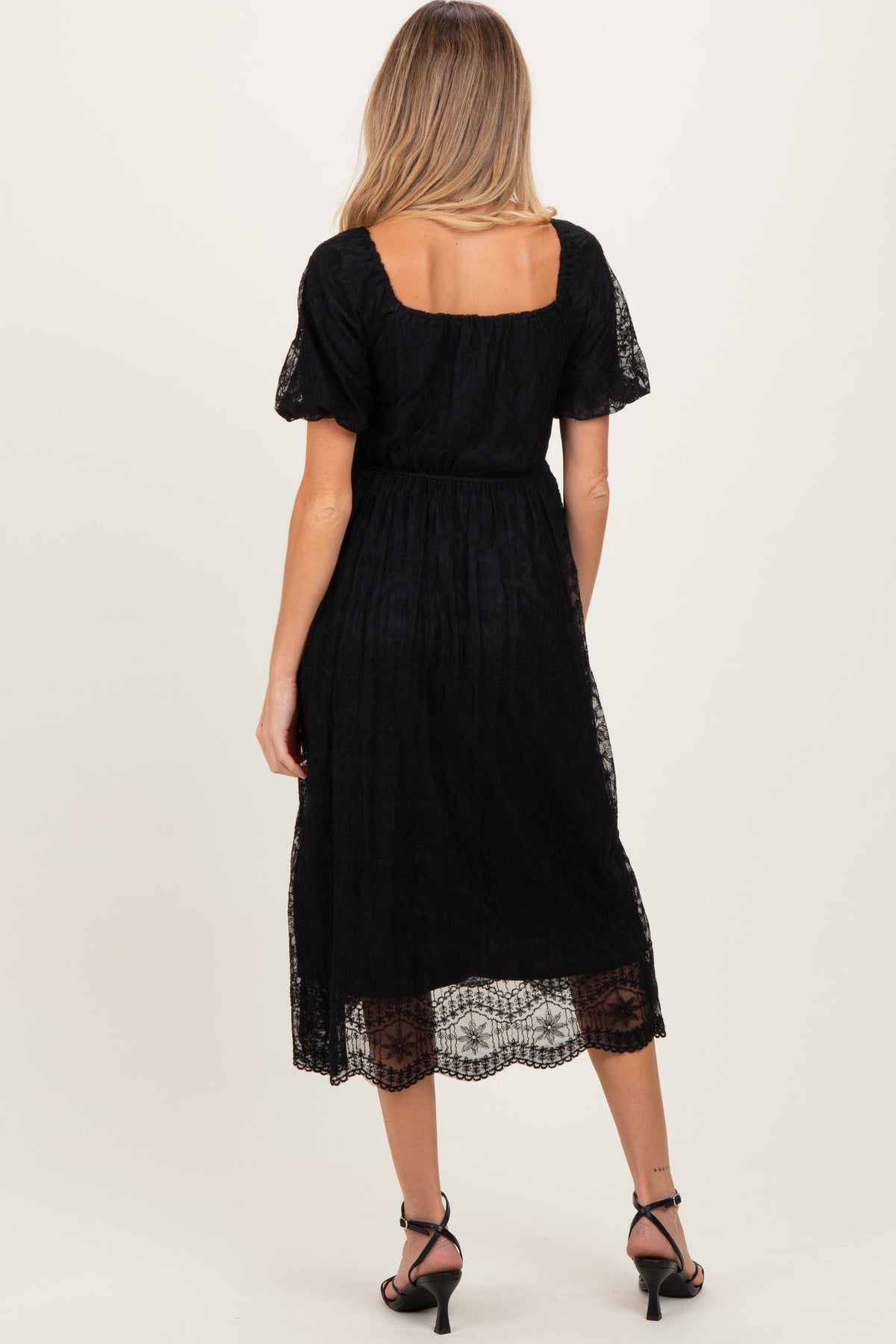 Black Lace Sweetheart Neck Short Sleeve Maternity Midi Dress