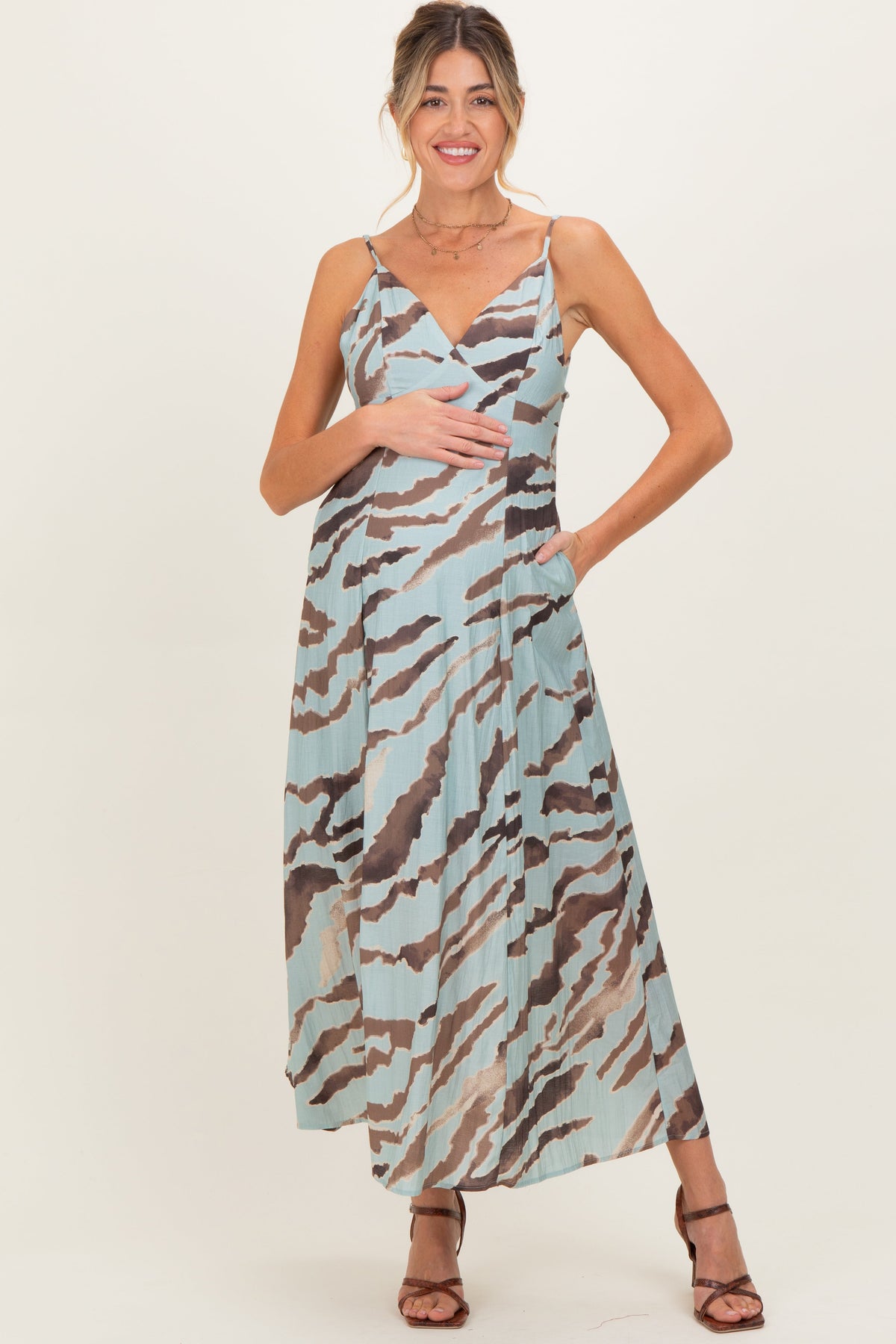 Light Blue Printed Open Tie Back Maternity Maxi Dress