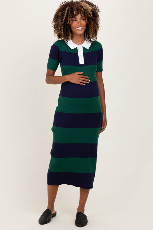 Green Ribbed Striped Knit Polo Maternity Midi Dress