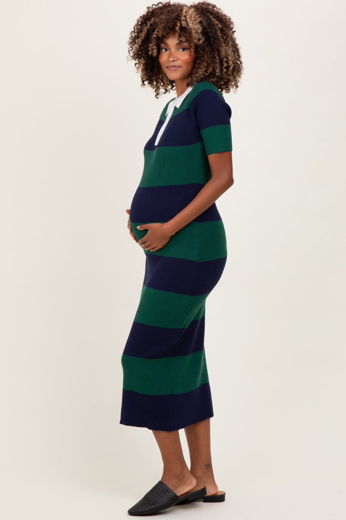 Green Ribbed Striped Knit Polo Maternity Midi Dress