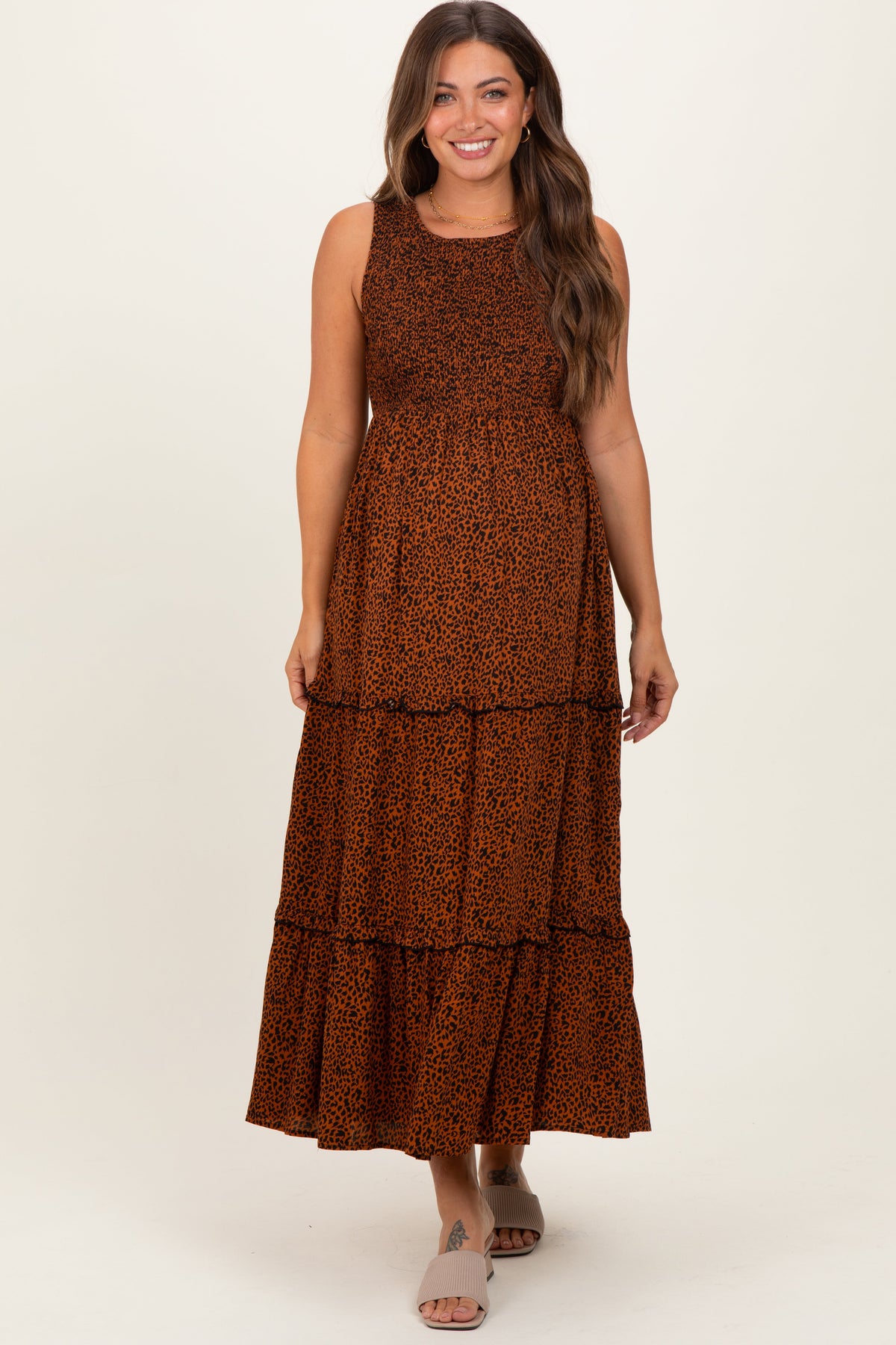 Brown Animal Print Sleeveless Smocked Tiered Maternity Maxi Dress