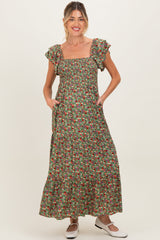 Olive Floral Off Shoulder Smocked Maternity Maxi Dress