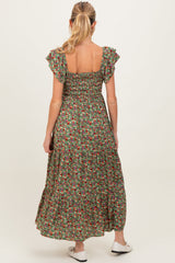 Olive Floral Off Shoulder Smocked Maternity Maxi Dress