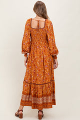 Orange Floral Border Print Long Sleeve Maternity Maxi Dress
