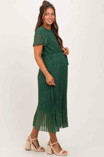 Forest Green Leaf Print Pleated Maternity Midi Dress