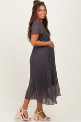 Grey Leaf Print Pleated Maternity Midi Dress