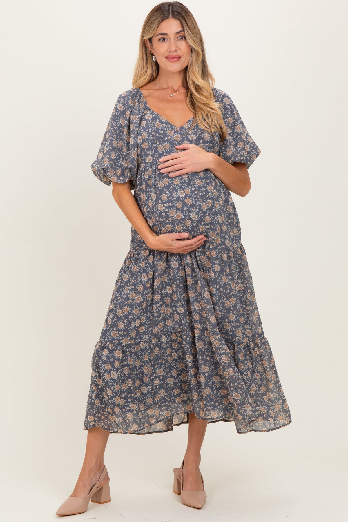 Blue Floral Sweetheart Neckline Puff Sleeve Maternity Maxi Dress