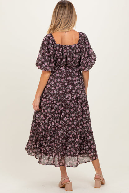 Brown Floral Sweetheart Neckline Puff Sleeve Maternity Maxi Dress