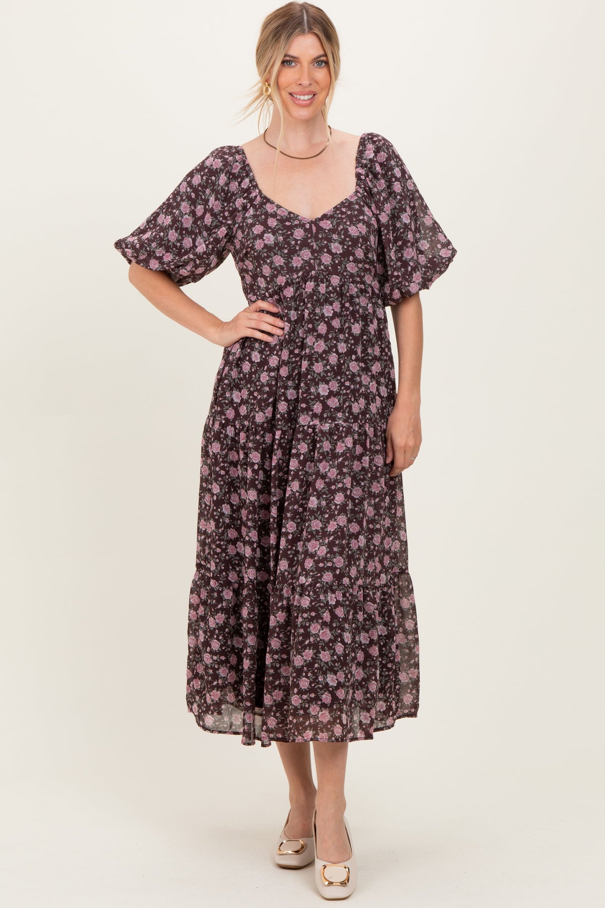 Brown Floral Sweetheart Neckline Puff Sleeve Maternity Maxi Dress