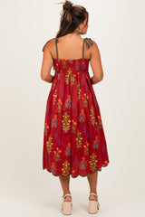 Rust Floral Scallop Edge Shoulder Tie Maternity Midi Dress