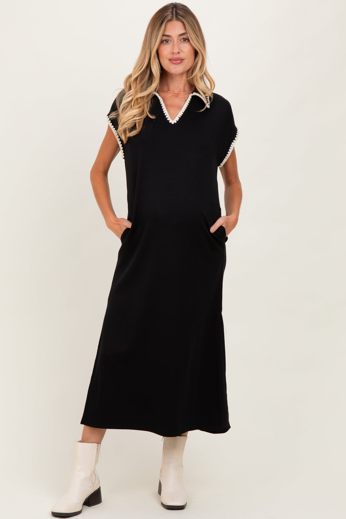 Black Collared Stitch Detail Short Sleeve Maternity Midi Dress