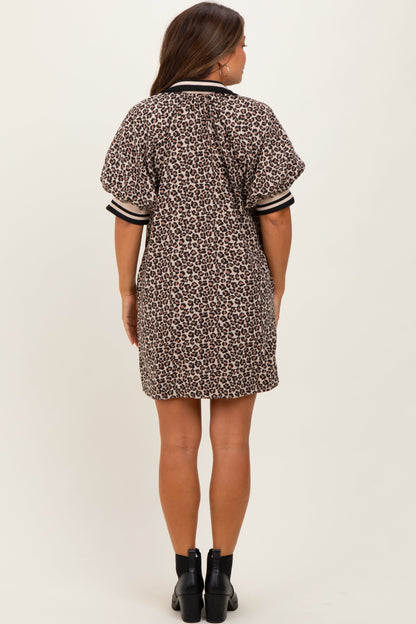 Taupe Animal Print Quarter Zip Puff Sleeve Maternity Mini Dress