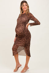 Brown Leopard Print Mesh Maternity Dress