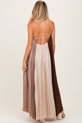 Brown Colorblock Pleated Halter Neck Maternity Maxi Dress