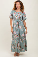 Light Olive Floral Flutter Sleeve Maternity Maxi Dress