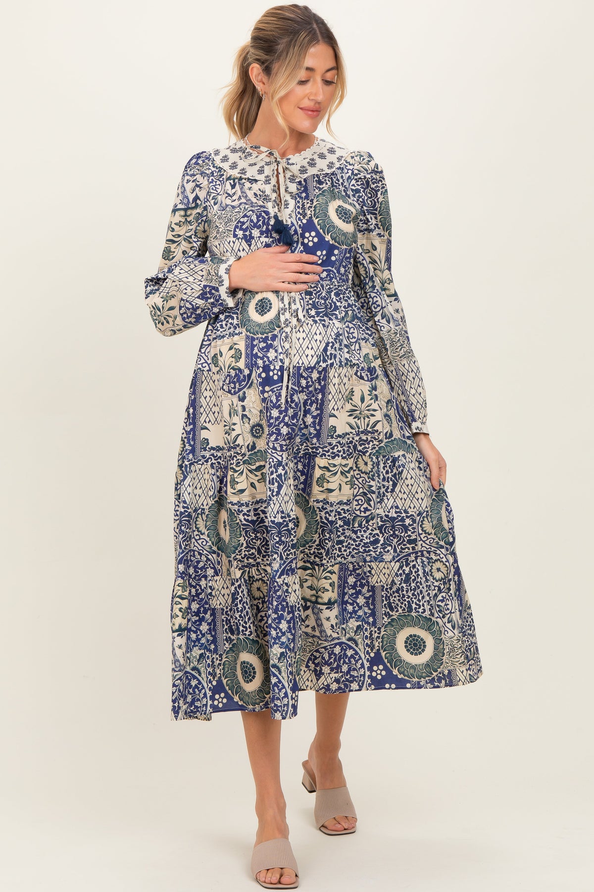 Blue Floral Patchwork Print Front Tie Maternity Midi Dress