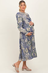 Blue Floral Patchwork Print Front Tie Maternity Midi Dress