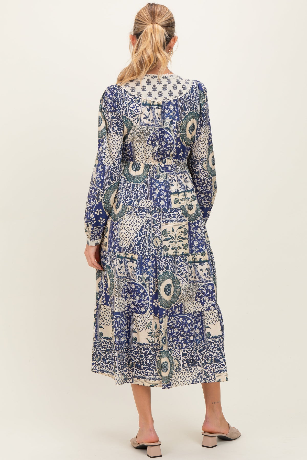 Blue Floral Patchwork Print Front Tie Maternity Midi Dress