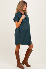 Forest Green Faux Suede Button Down Maternity Shirt Dress