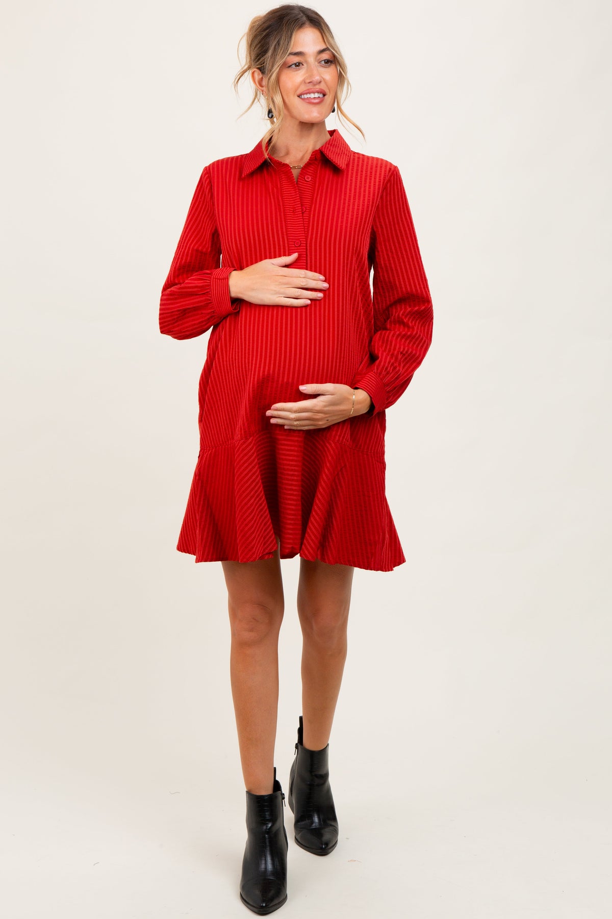 Rust Striped Long Sleeve Drop Waist Maternity Polo Dress