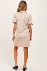Beige Jacquard Ruffle Accent Maternity Polo Dress