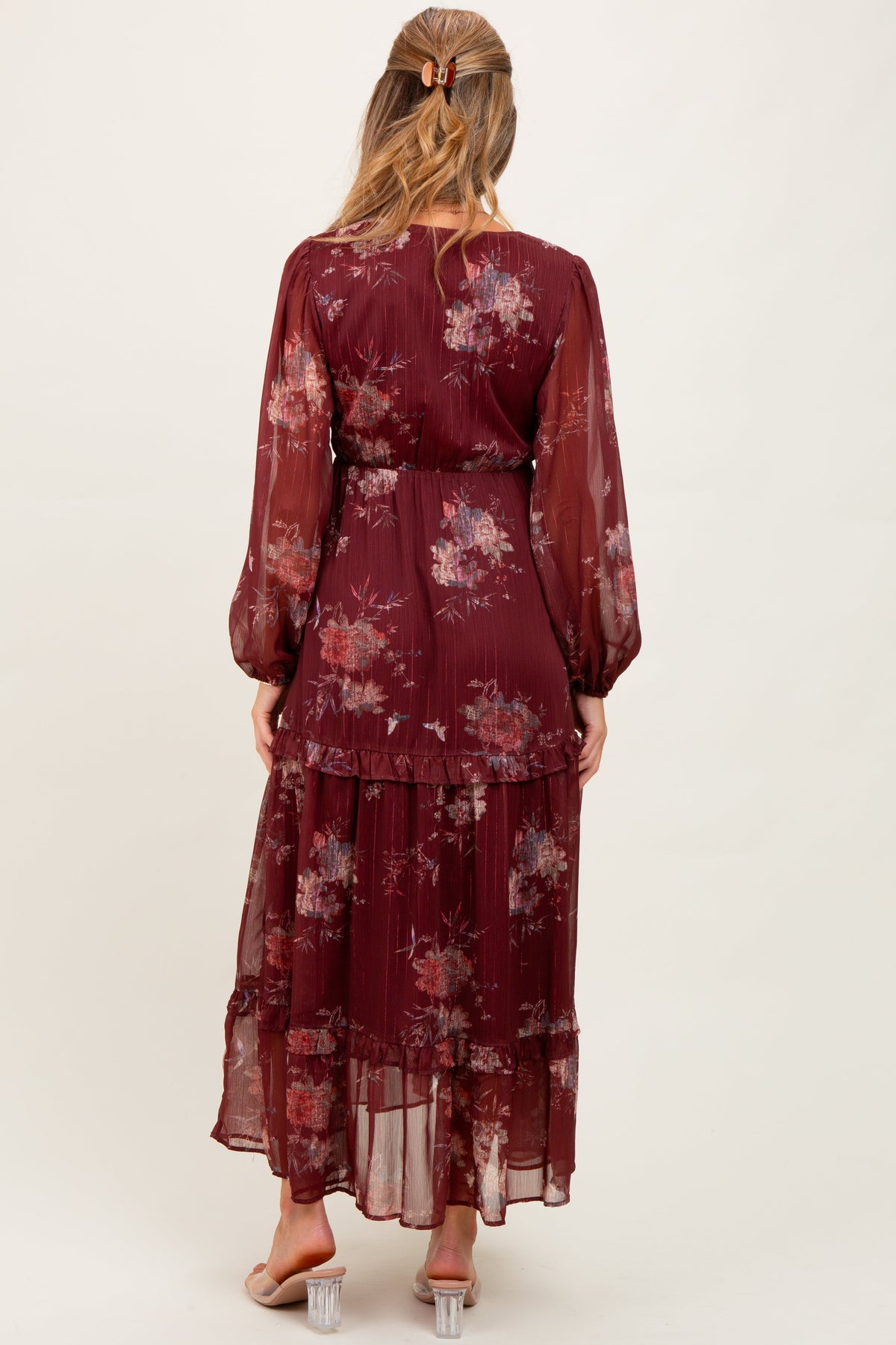 Burgundy Floral Chiffon V-Neck Long Sleeve Maternity Maxi Dress