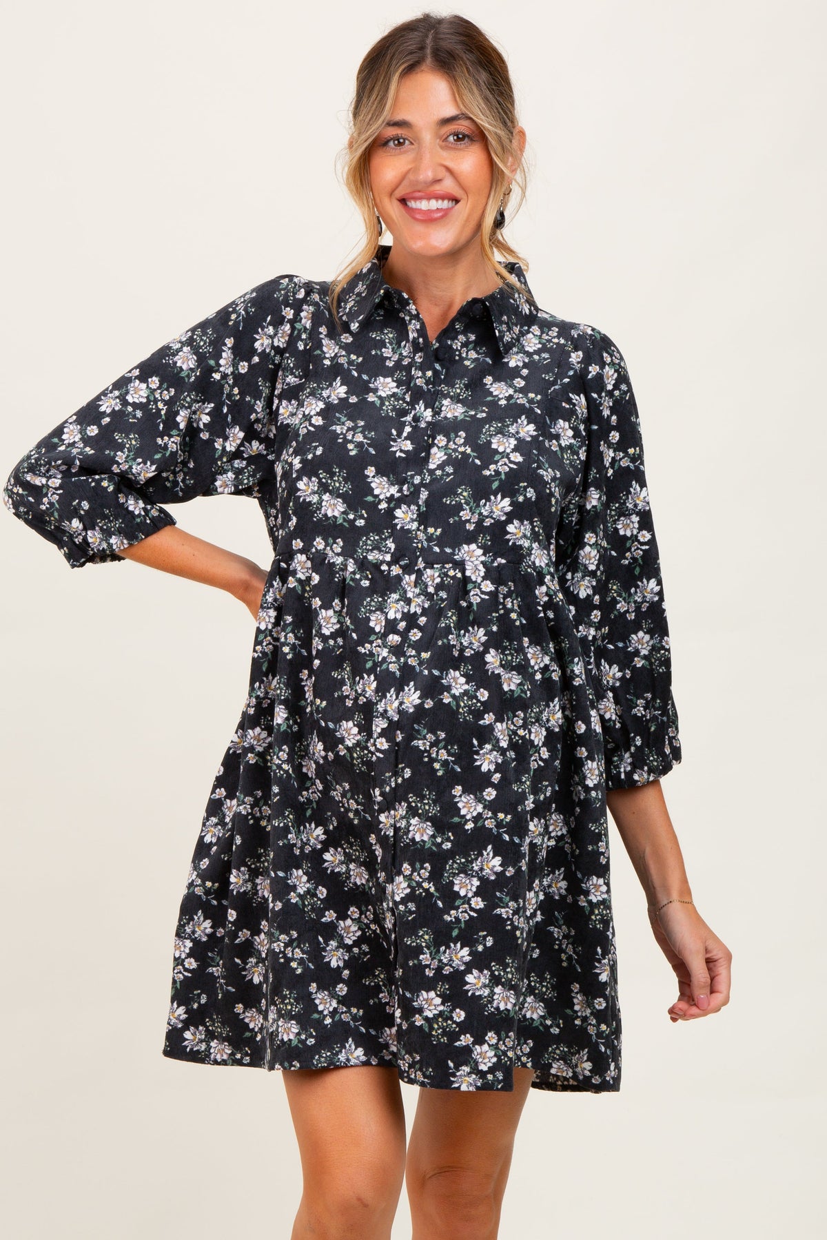 Black Floral Corduroy Button Down Maternity Shirt Dress