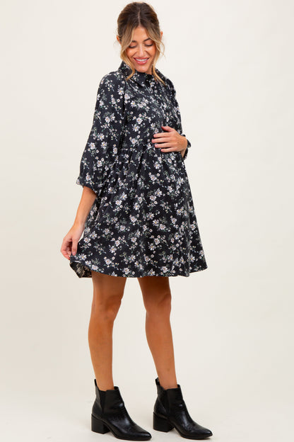 Black Floral Corduroy Button Down Maternity Shirt Dress