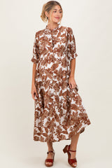 Brown Leaf Print Tiered Maternity Midi Dress