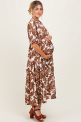 Brown Leaf Print Tiered Maternity Midi Dress