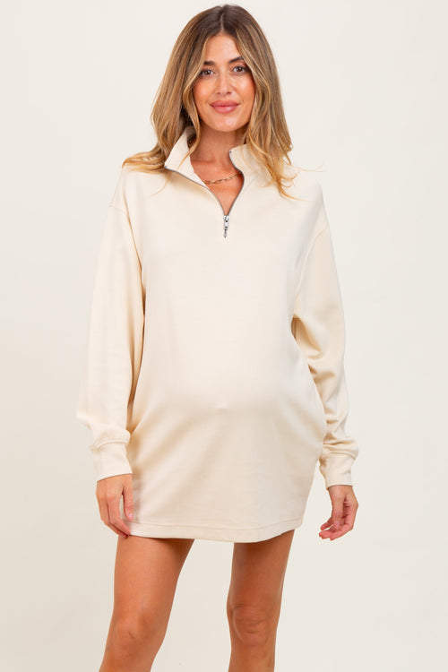 Cream Half Zip Long Sleeve Maternity Mini Dress