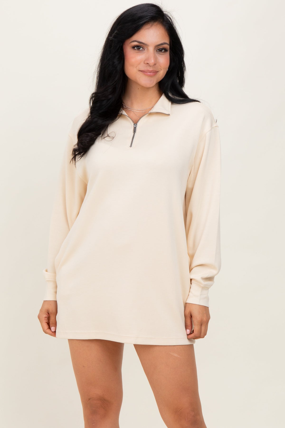 Cream Half Zip Long Sleeve Maternity Mini Dress