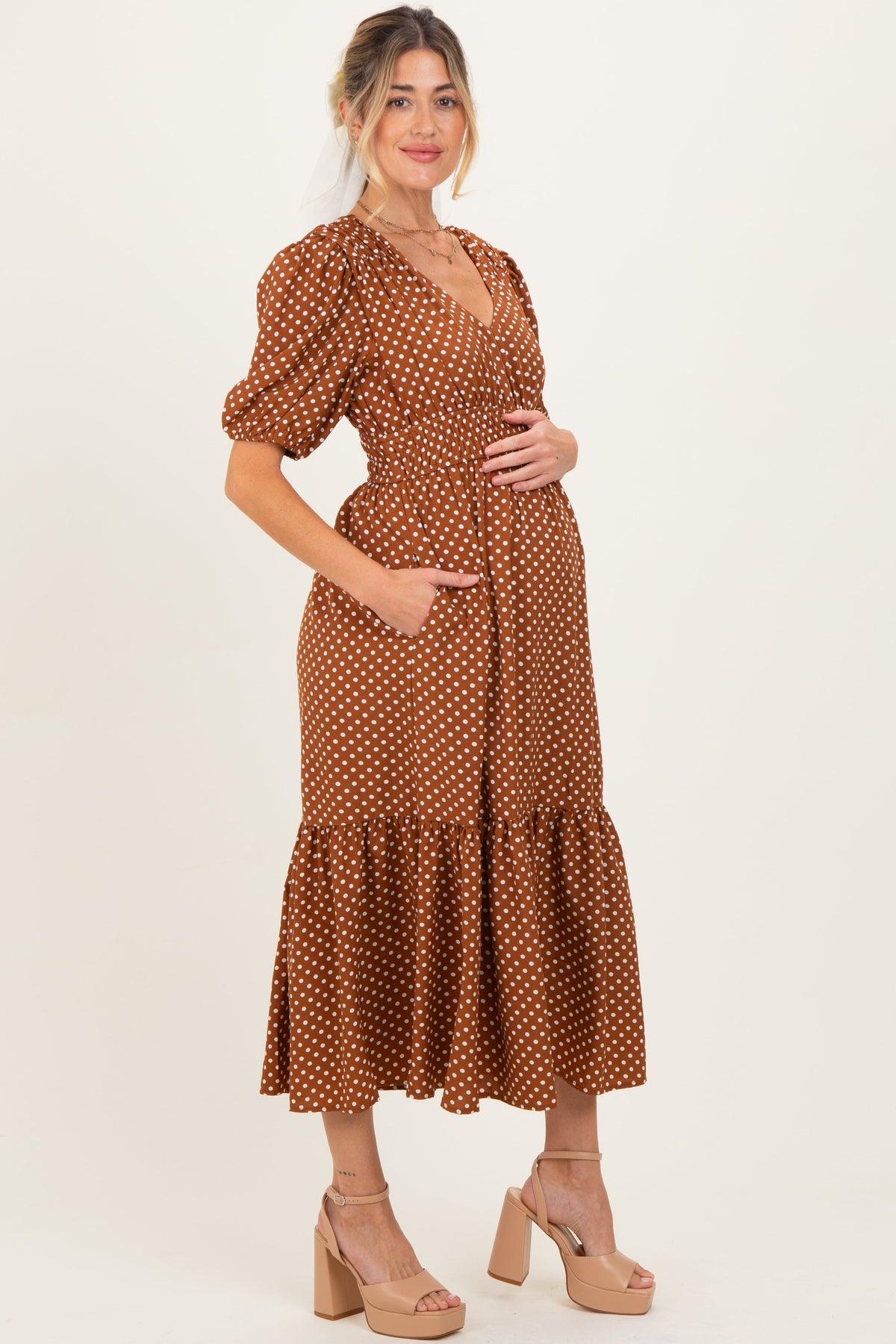 Coffee Polka Dots V Neck Flowy Maternity Dress