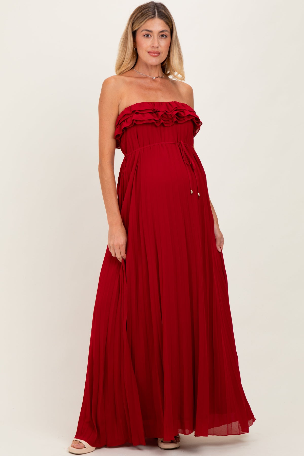 Red Ruffled Chest Pleated Maternity Maxi Dress With Self Tie