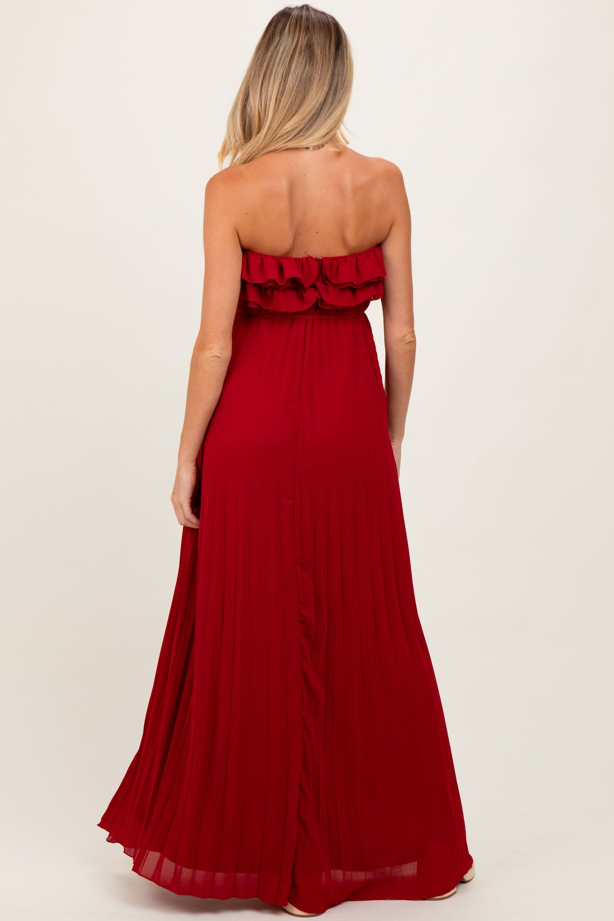 Red Ruffled Chest Pleated Maternity Maxi Dress With Self Tie
