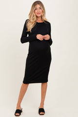 Black Ribbed Knit Long Sleeve Nursing Maternity Dress