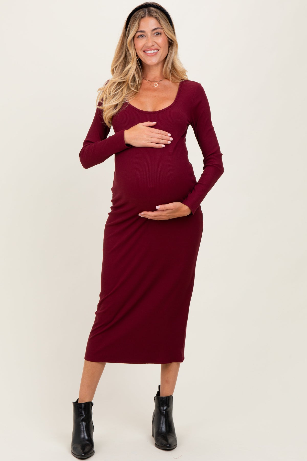 Burgundy Scoop Neck Long Sleeve Maternity Midi Dress