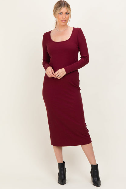 Burgundy Scoop Neck Long Sleeve Maternity Midi Dress