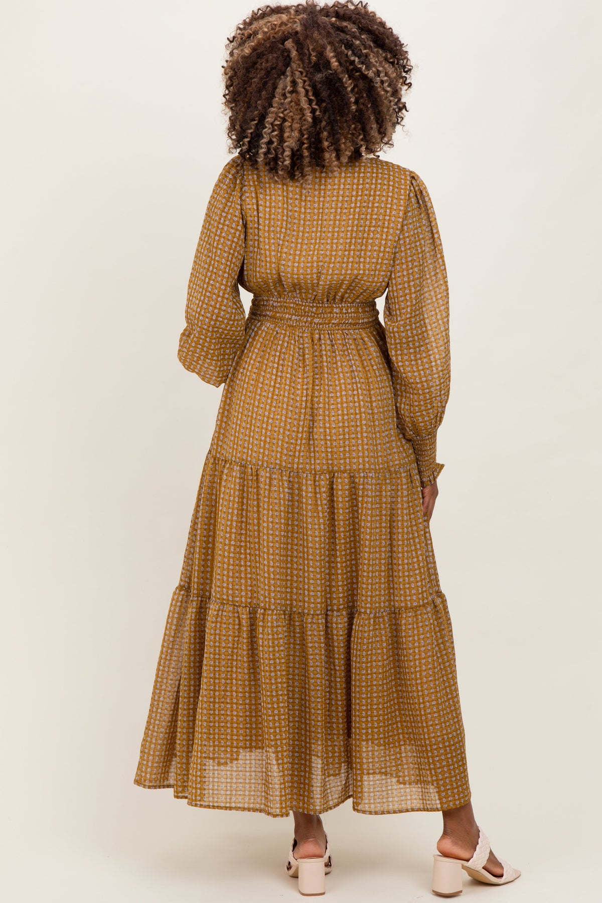 Yellow Printed Smocked Waist Tiered Maternity Maxi Dress