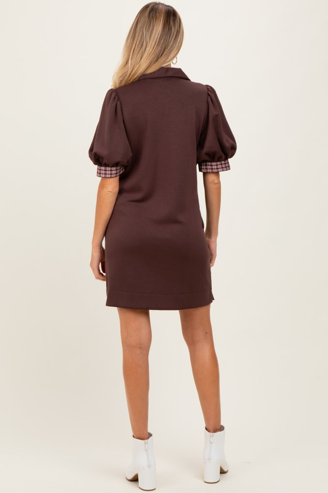 Brown Plaid Accent Puff Sleeve Maternity Mini Dress