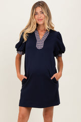 Navy Plaid Accent Puff Sleeve Maternity Mini Dress