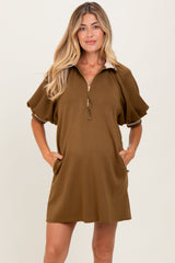 Olive Half Zip Puff Sleeve Maternity Mini Dress