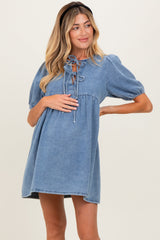 Blue Chambray Double Front Tie Maternity Dress