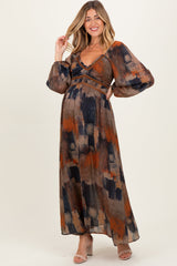Multicolor Abstract Print Velvet Trim Maternity Maxi Dress
