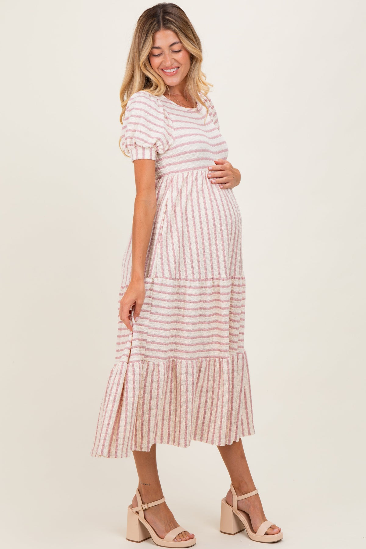 Cream/Mauve Striped Short Sleeve Tiered Maternity Maxi Dress