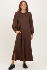Brown Side Slit Detail Solid Maternity Midi Dress