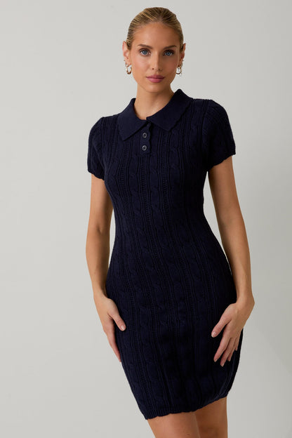 Navy Cable Knit Maternity Polo Sweater Dress